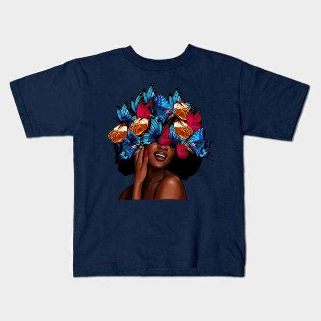 Beautiful Afro Woman with Butterflies in her Hair, African Kids T-Shirt by dukito